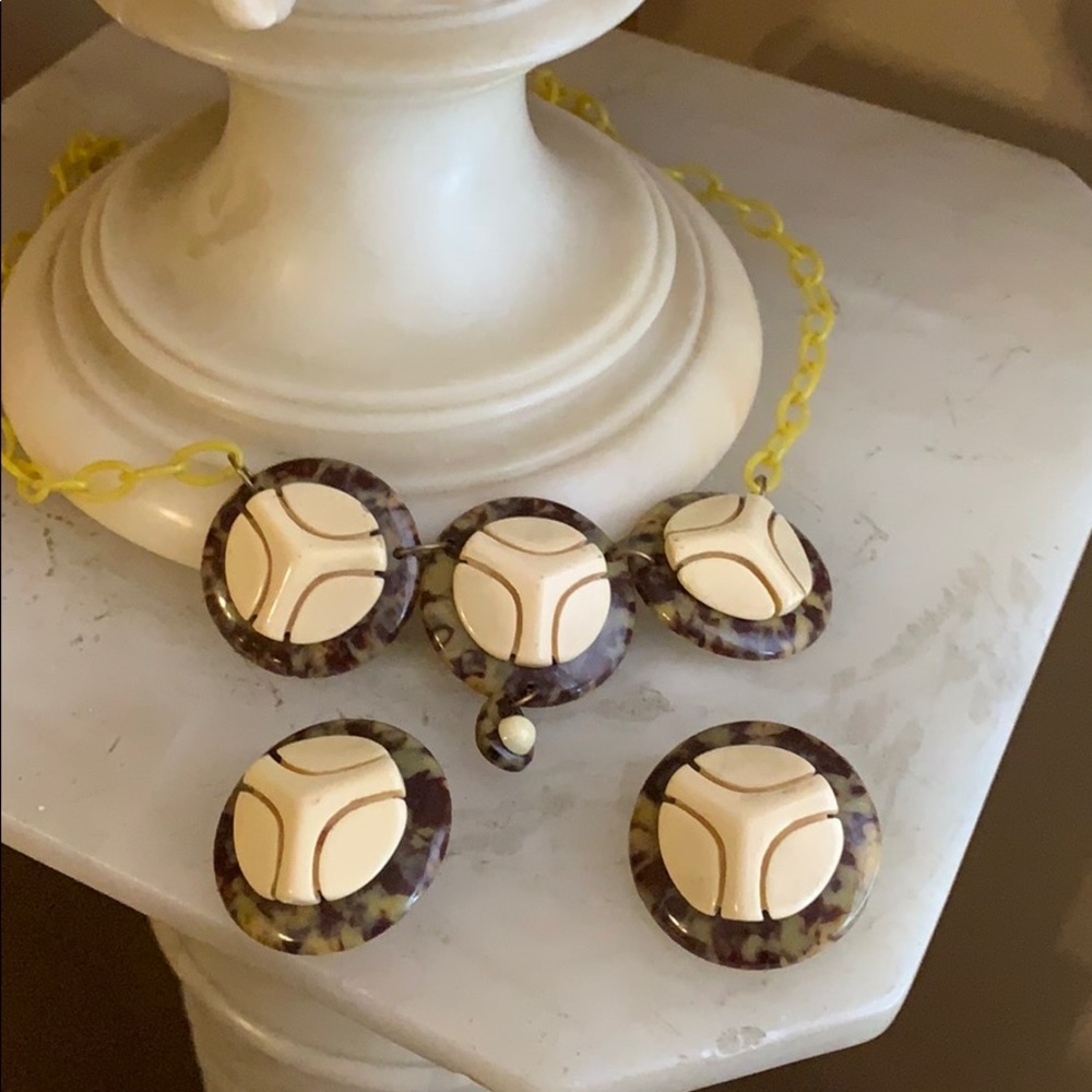 1930s Tortoise Lucite Necklace and Earrings